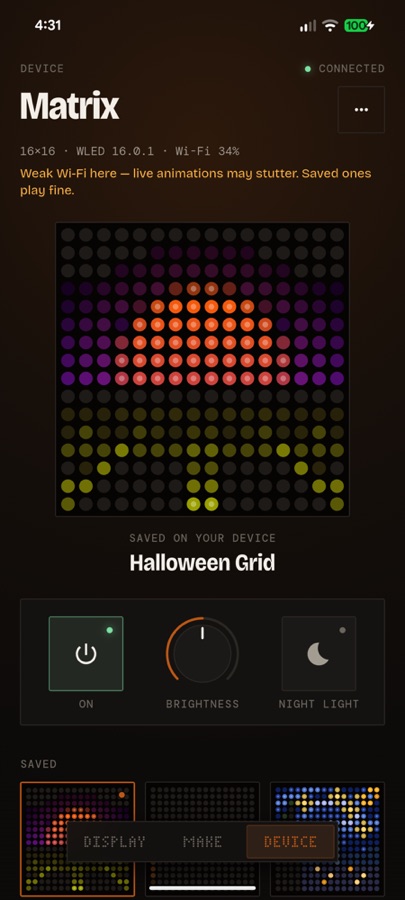 Glyph Device tab with Saved looks, Shows and Routines
