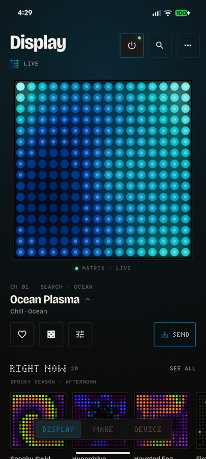 Glyph Display screen with the live Stage and Send button