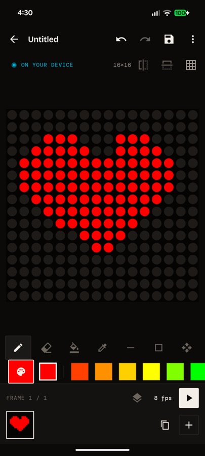 Glyph pixel editor drawing on a 16 by 16 canvas