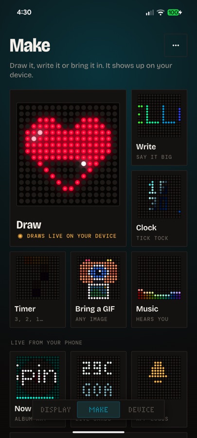 Glyph Make tab with live tiles for Draw, Write, Clock, Music and Play